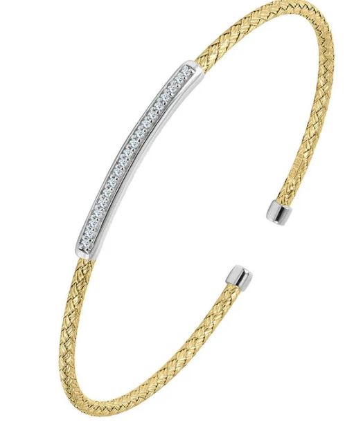 Sterling Silver 2mm Mesh Cuff With CZ, 2 Tone