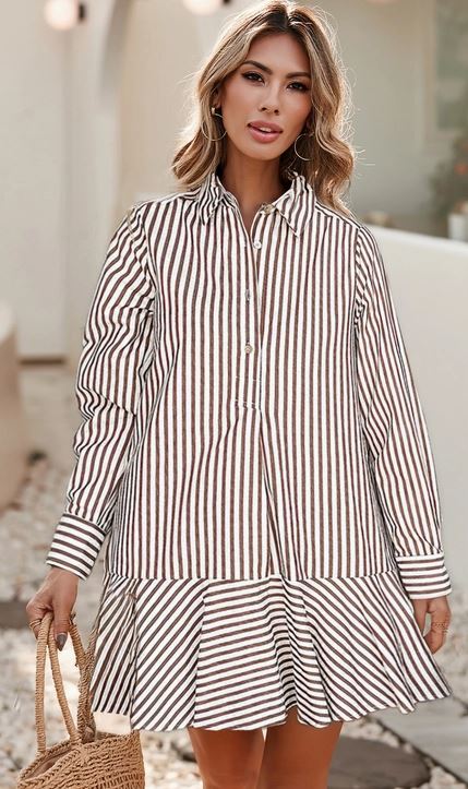 Stripe Ruffled Hem Collared Long Sleeve Dress