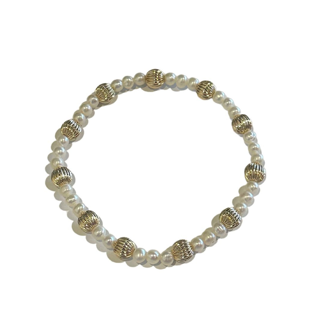4mm Pearl 6mm Fluted Stretch Bracelet