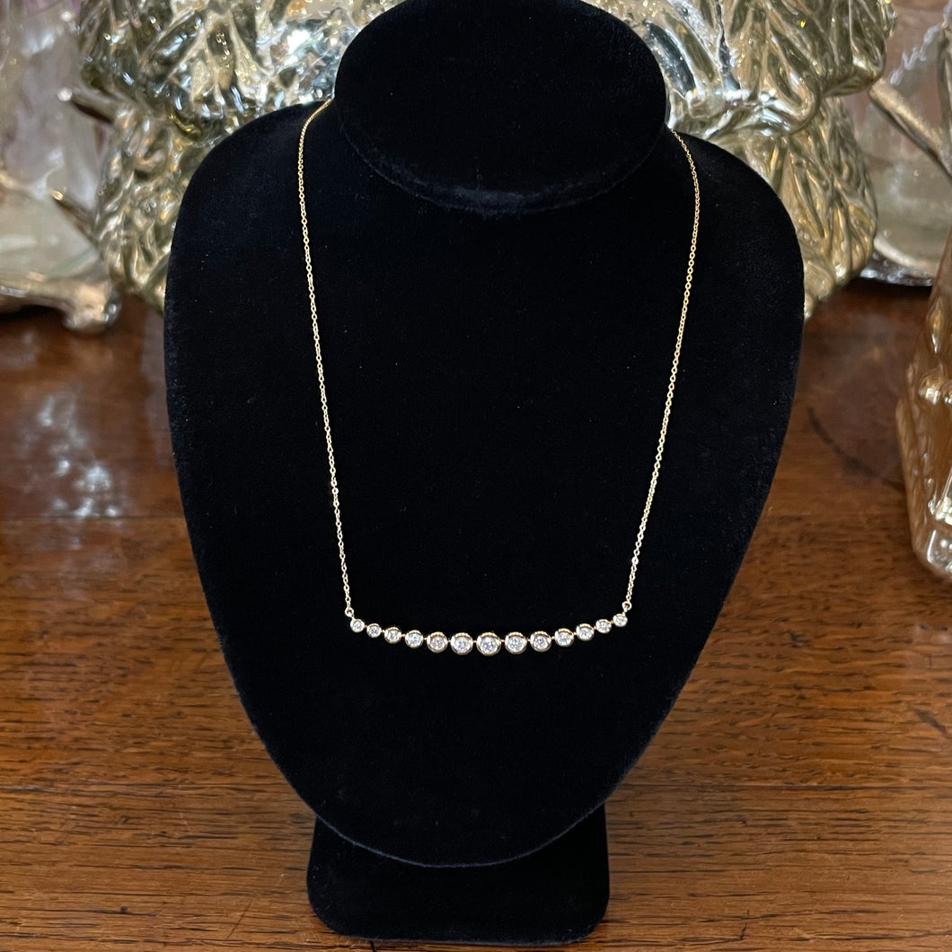 14K Yellow Gold 13 Round Diamond Bezel Set Bar Necklace