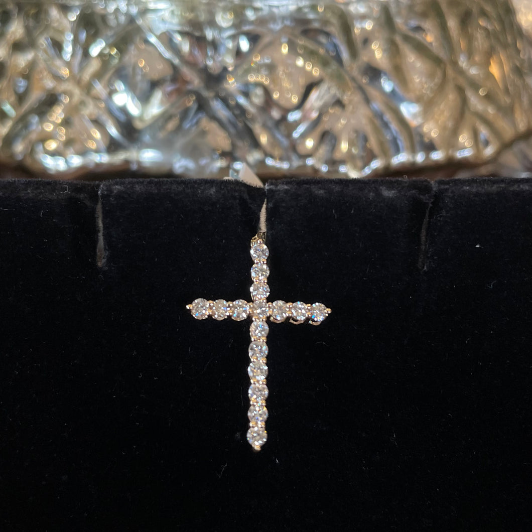 14K Yellow Gold 16 Round Diamond Cross Necklace on 16-18