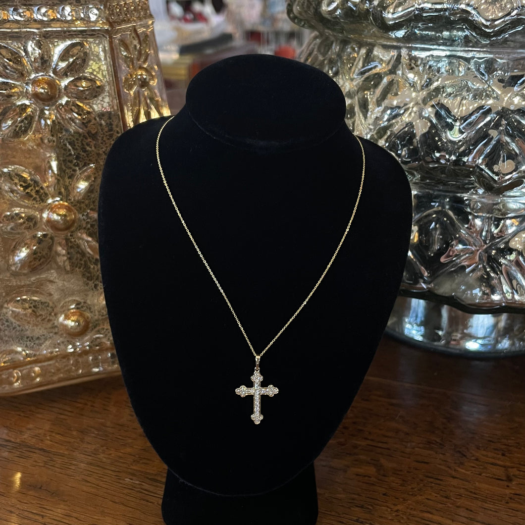 14K Yellow Gold 3 Diamond Tip Cross Necklace on 16-18