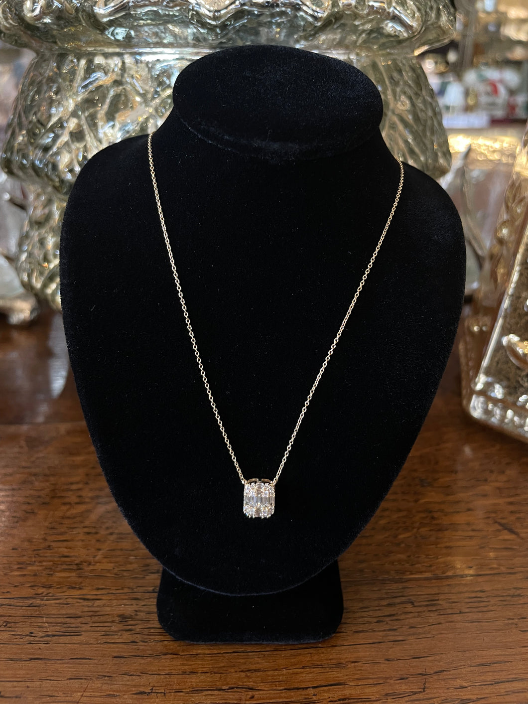 14K Yellow Gold Baguette & Round Diamond Rectangle Cluster Diamon Necklace on 16-18