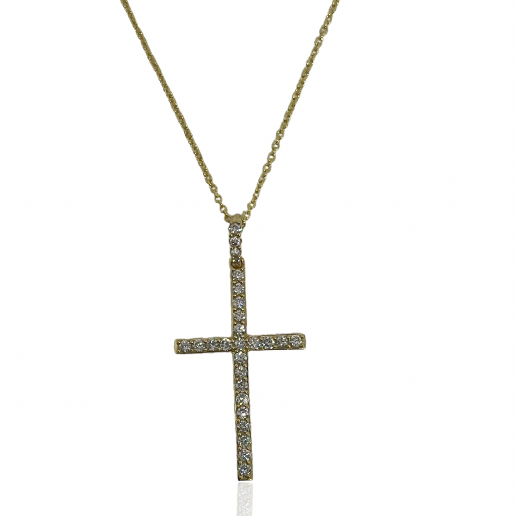 18K YG Diamond Cross Necklace, 27 Round Diamonds, 0.389cts