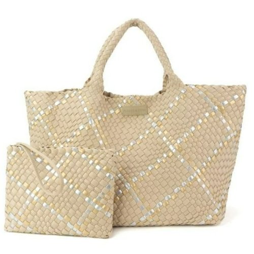 Beige Metallic Oversized Woven Tote
