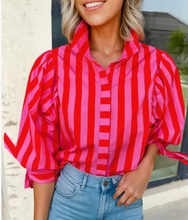 Load image into Gallery viewer, Red Stripe Tie Puff Sleeve Button Down Shirt
