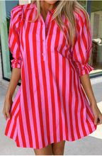 Load image into Gallery viewer, Red Stripe Drawstring Back Puff Sleeve Mini Dress
