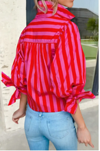 Load image into Gallery viewer, Red Stripe Tie Puff Sleeve Button Down Shirt
