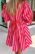 Load image into Gallery viewer, Red Stripe Drawstring Back Puff Sleeve Mini Dress
