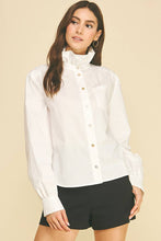 Load image into Gallery viewer, Pinch Off White Ruffled High Neck Button Down Shirt
