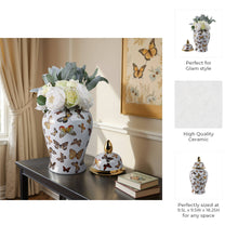 Load image into Gallery viewer, Decorative Temple Jar - White Ceramic Butterflies, 18 in.
