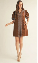 Load image into Gallery viewer, Short puff sleeves embroidered shift dress with side pockets
