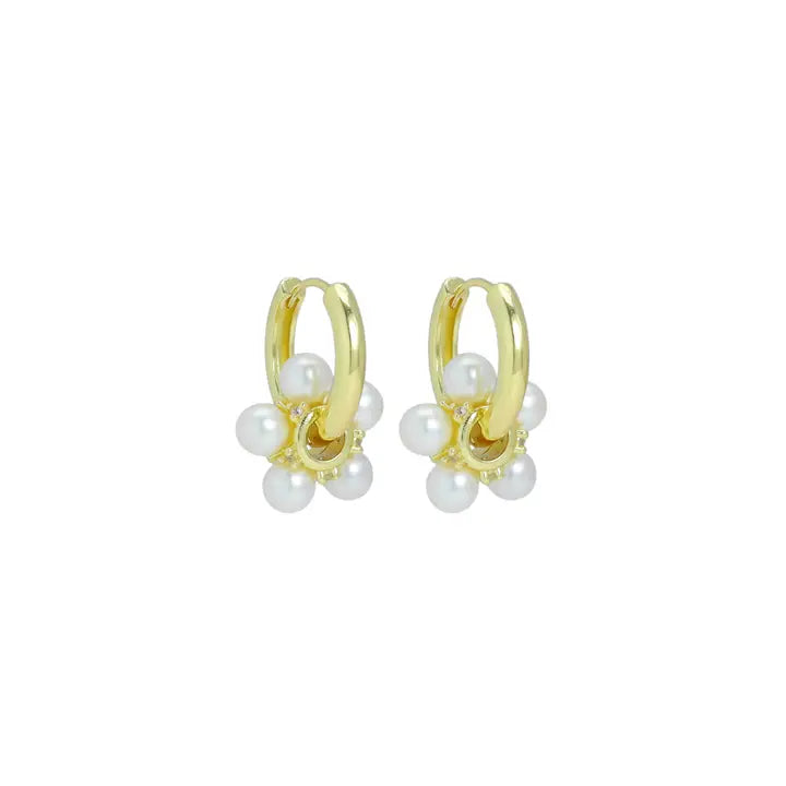 Gold White Pearl Flower Pendant Hoop Earrings