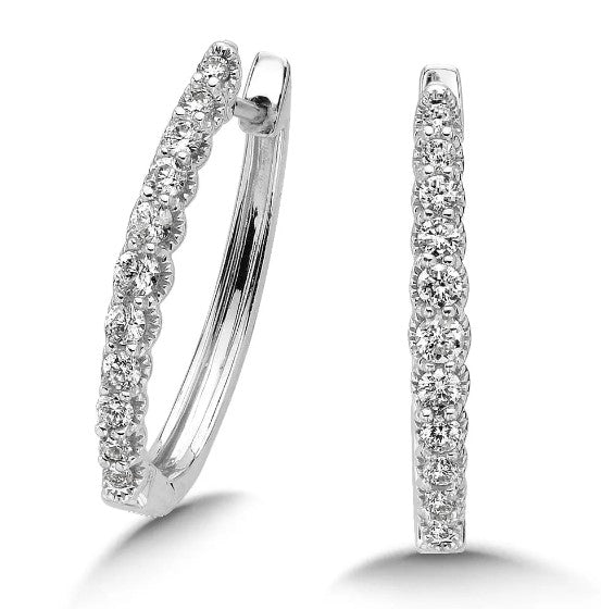 14K White Gold Oval Diamond Hoop Earrings