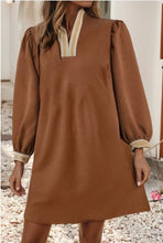 Load image into Gallery viewer, Contrast Striped Split Neck Long Sleeve Shift Mini Dress
