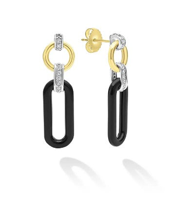 18K Gold and Black Ceramic Diamond Link Drop Earrings