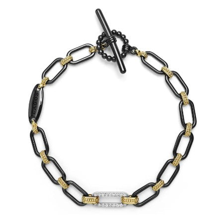 18K Gold and Black Ceramic Diamond Station Link Bracelet | 6mm