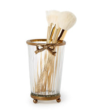 Load image into Gallery viewer, Antique Gold Finish Hand Cut Glass Vase with Bow Accent
