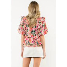 Load image into Gallery viewer, Ruffle Tie Neck Puff Sleeve Floral Top
