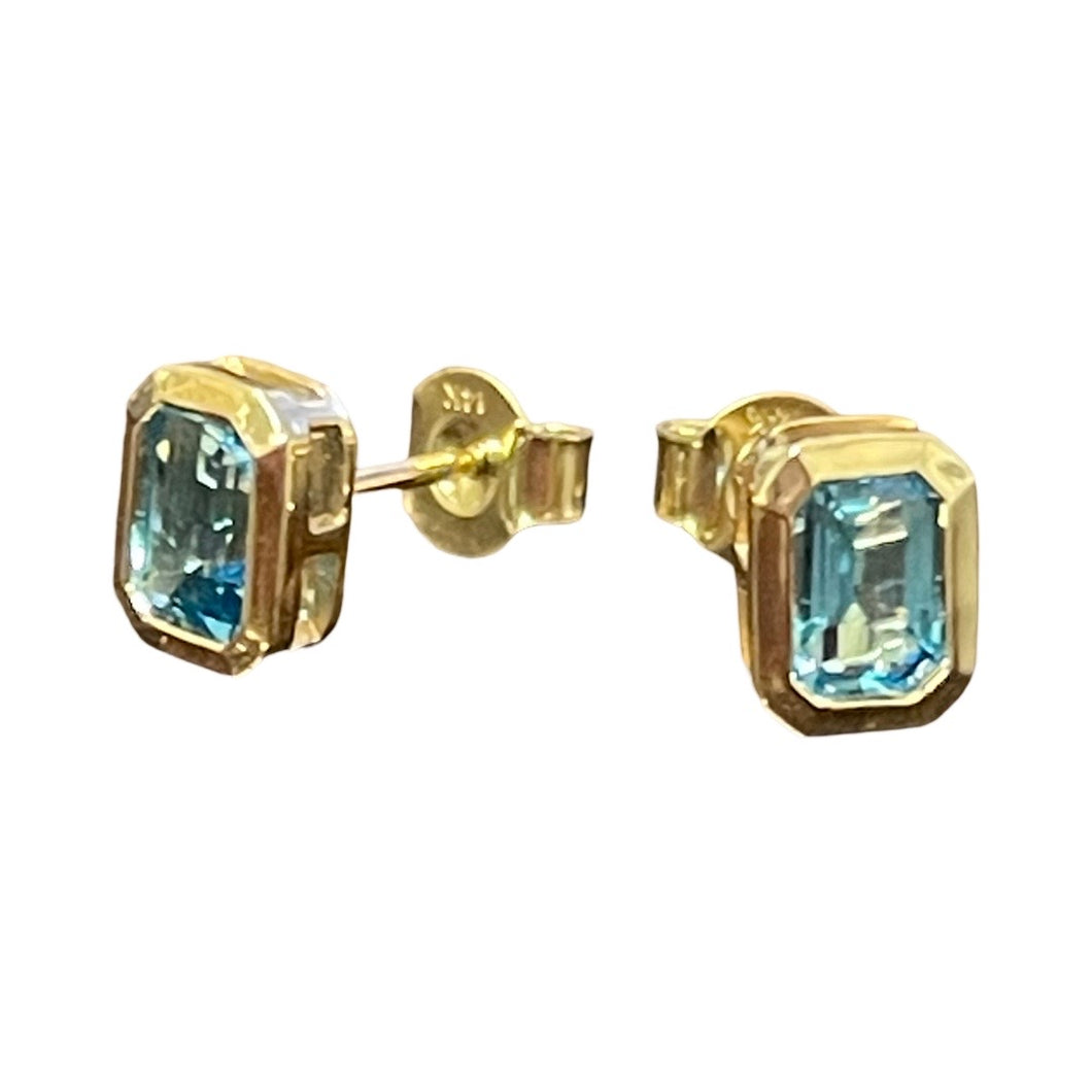 14K Yellow Gold Blue Topaz Emerald Cut Bezel Set Earrings