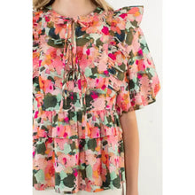 Load image into Gallery viewer, Ruffle Tie Neck Puff Sleeve Floral Top
