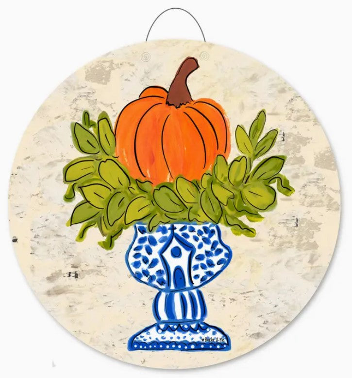 Pumpkin in Blue Willow Planter Door Hanger
