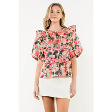 Load image into Gallery viewer, Ruffle Tie Neck Puff Sleeve Floral Top
