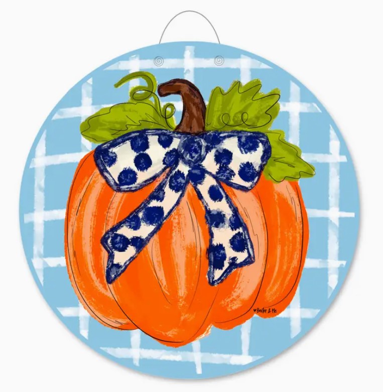 Blue Plaid Pumpkin with Navy Bow Door Hanger