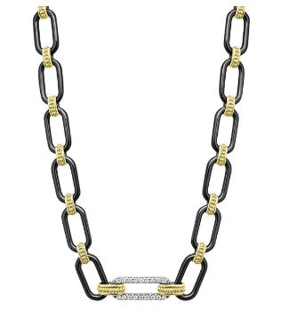 18K Gold and Black Ceramic Diamond Station Link Necklace | 6mm