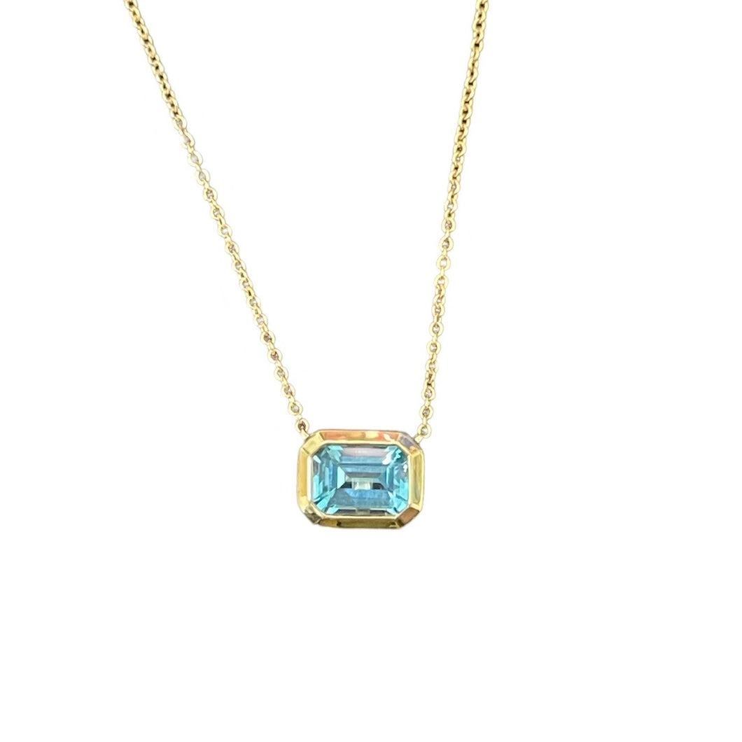 14K Yellow Gold Blue Topaz Emerald Cut Bezel Set Necklace