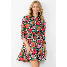 Load image into Gallery viewer, Navy Short Sleeve Smocked Waist Floral Print Dress
