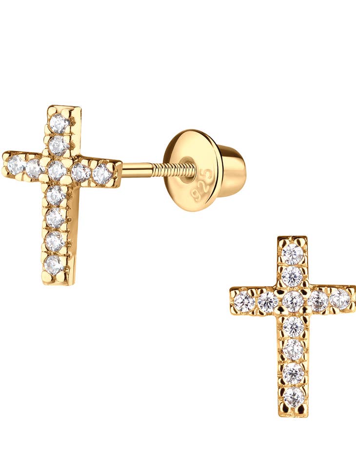 14K Gold Plated Cross CZ Screw Back Earrings