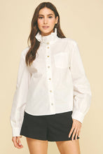 Load image into Gallery viewer, Pinch Off White Ruffled High Neck Button Down Shirt

