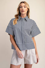 Load image into Gallery viewer, Neck Band Short Sleeve Button Down Navy and White Stripe Top
