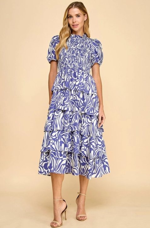Blue Abstract Print Smocked Detail Midi Dress Cole and Co. Blue Abstract Print Smocked Detail Midi Dress Cole and Co.