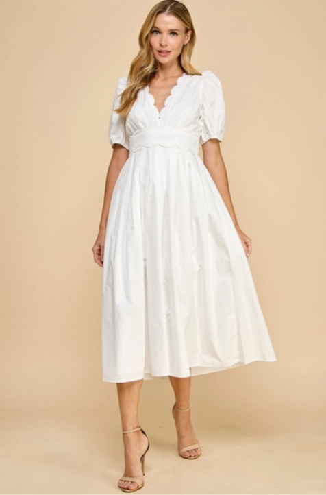 V-Neck Scalloped Detail Midi Dress