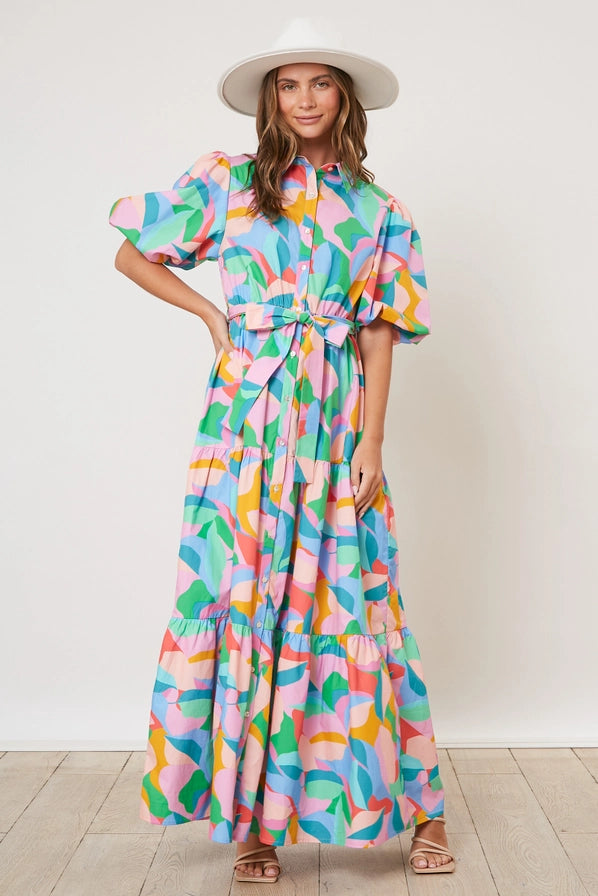 Multicolor Print Belted Maxi Dress