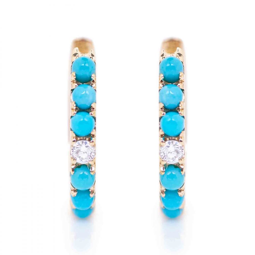14K YG Round Turquoise & Diamond Huggie Earrings