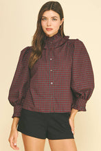 Load image into Gallery viewer, Pinch Deep Red Plaid Ruffled High Mock Neck Shirt

