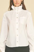 Load image into Gallery viewer, Pinch Off White Ruffled High Neck Button Down Shirt
