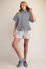 Load image into Gallery viewer, Neck Band Short Sleeve Button Down Navy and White Stripe Top
