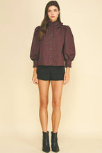 Load image into Gallery viewer, Pinch Deep Red Plaid Ruffled High Mock Neck Shirt
