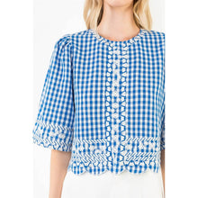 Load image into Gallery viewer, Short Sleeve Gingham Embroidery Detail Top
