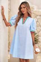 Load image into Gallery viewer, LDC Contrast Striped Detail Notched Neck Puff Sleeve Dress
