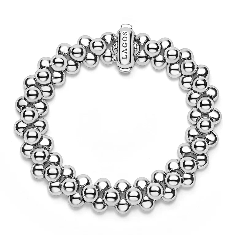 Caviar Bubbly  Silver Three Row Beaded Statement Bracelet