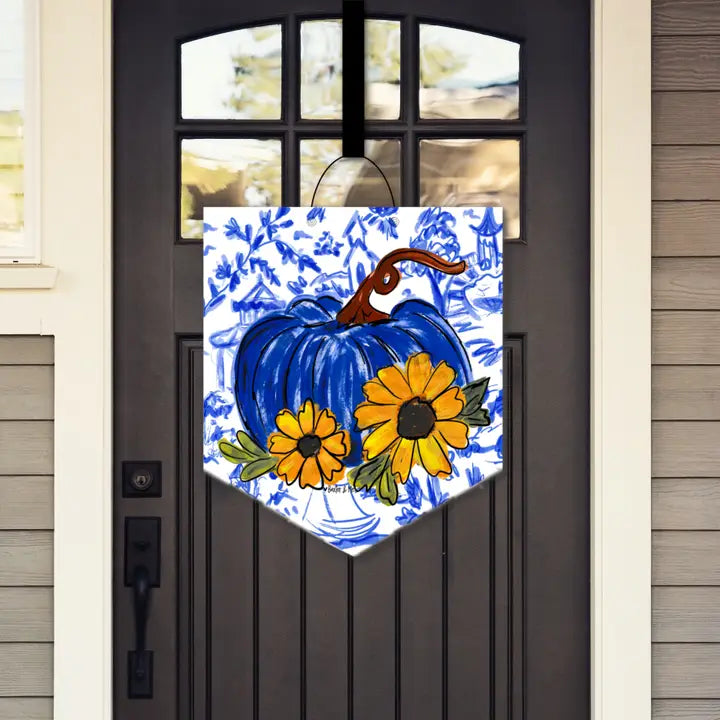 Blue Willow Sunflower Pumpkin Door Hanger