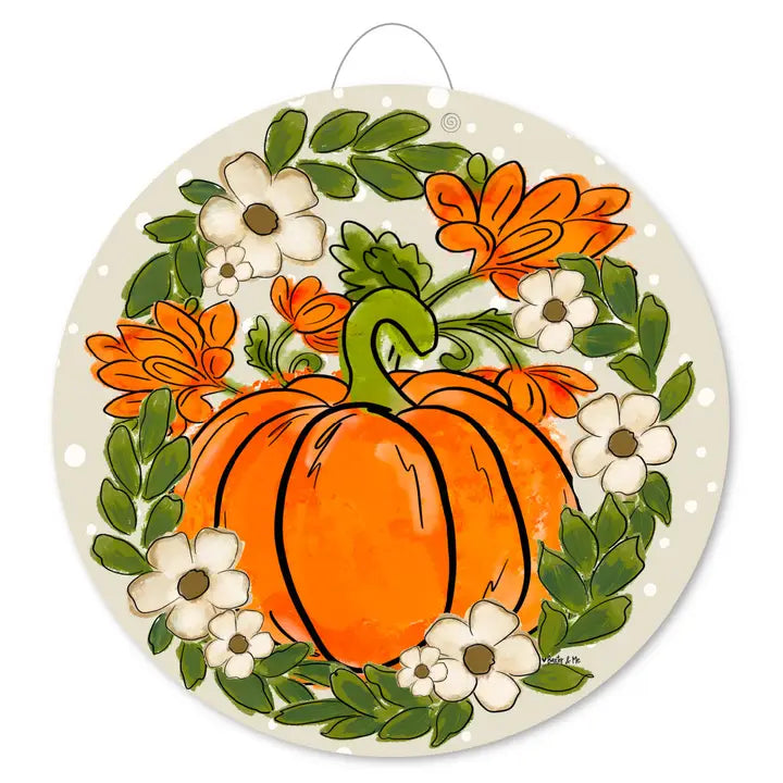 Cream Polka Dot Pumpkin With White Flowers Door Hanger