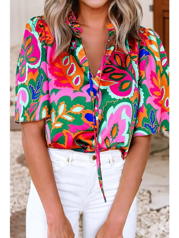 Summer Plant Print Lace-Up V-Neck Blouse