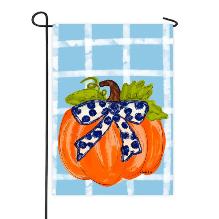 Blue Plaid Pumpkin with Navy Bow Garden Flag