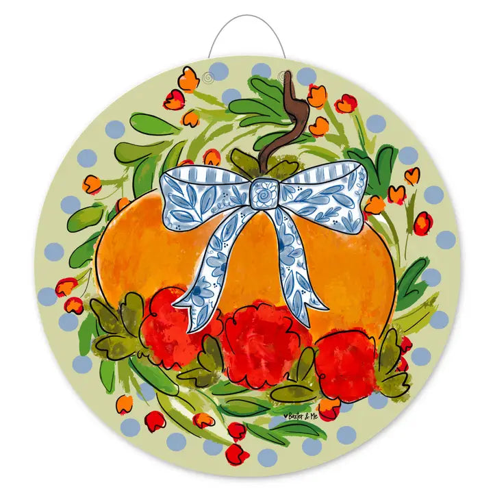 Blossom Pumpkin With Blue Ribbon Door Hanger